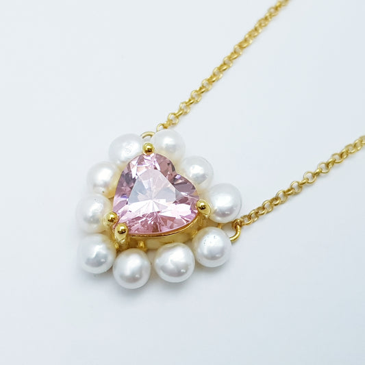 The Jade Necklace - Pink heart with halo of Pearls