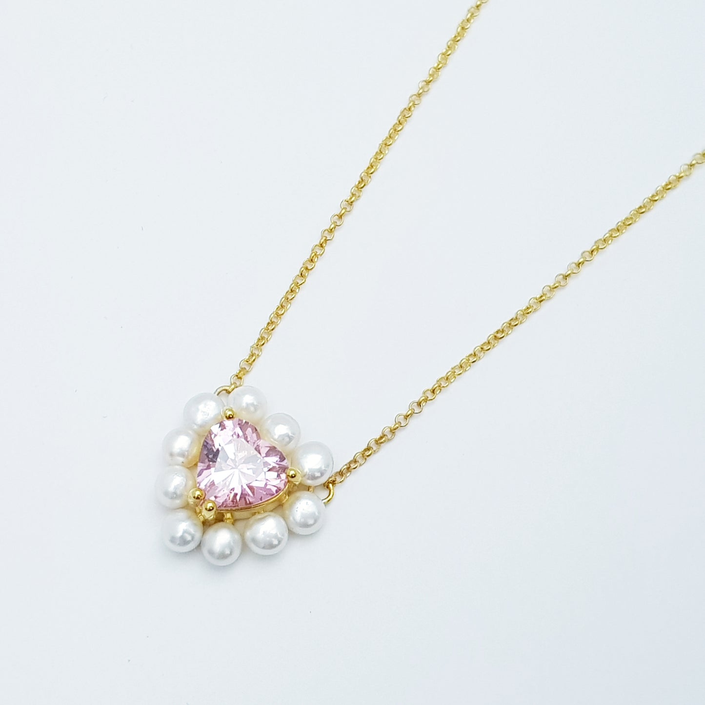 The Jade Necklace - Pink heart with halo of Pearls