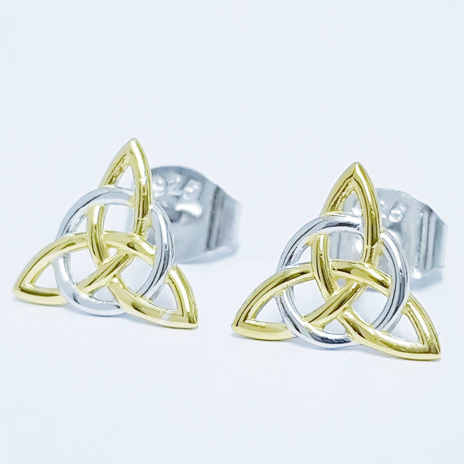 Celtic stud Earrings in silver with yellow gold plating, triquetra stud earrings