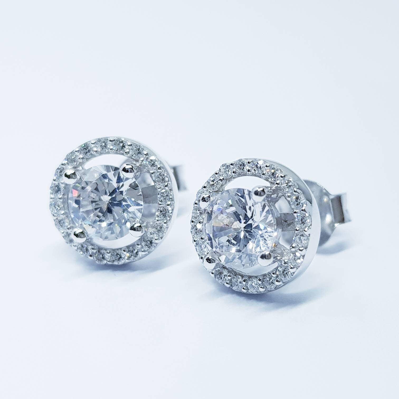 Elegant Halo Earrings, stud earrings, diamond simulant earrings, Sterling Silver earrings, Bridal Earrings, Bridesmaid Gift