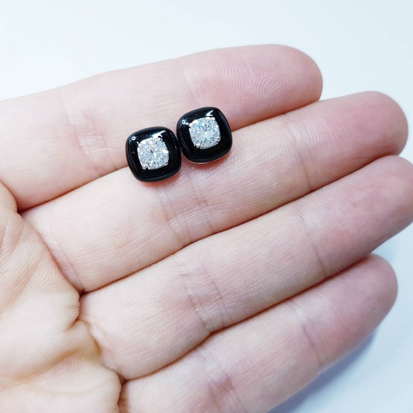 Black earrings, square black studs, silver stud earrings, diamond simulant earrings, enamel earrings, black and white vintage jewelry