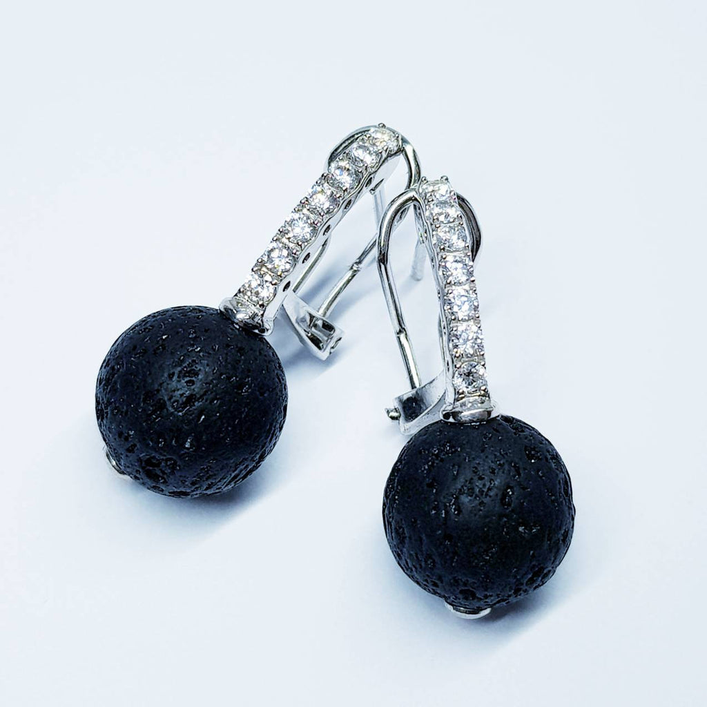 Lava rock drop earrings, Statement earrings, black bead earrings, vintage earrings, old world earrings, ball earrings