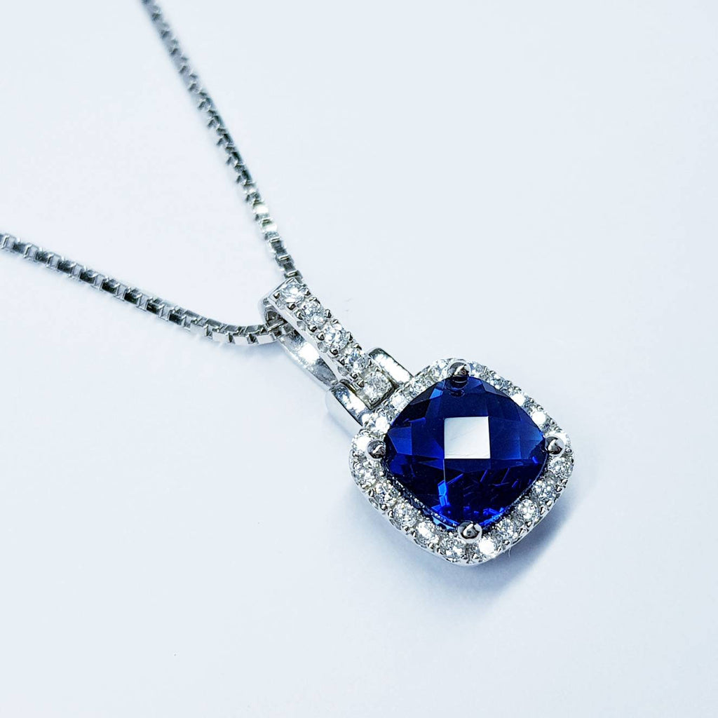 Royal Blue Sapphire necklace, Antique pendant, diamond simulant Jewelry, September bithstone, Vintage Jewelry