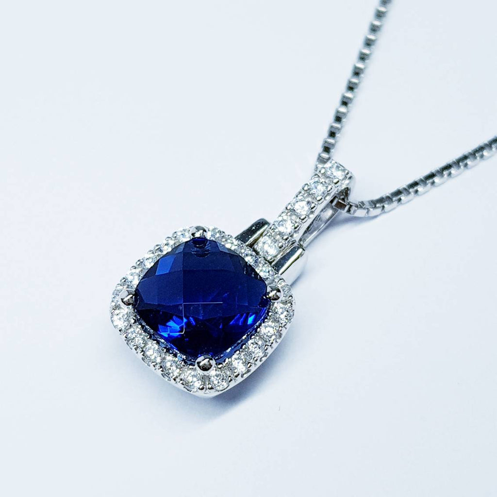 Royal Blue Sapphire necklace, Antique pendant, diamond simulant Jewelry, September bithstone, Vintage Jewelry