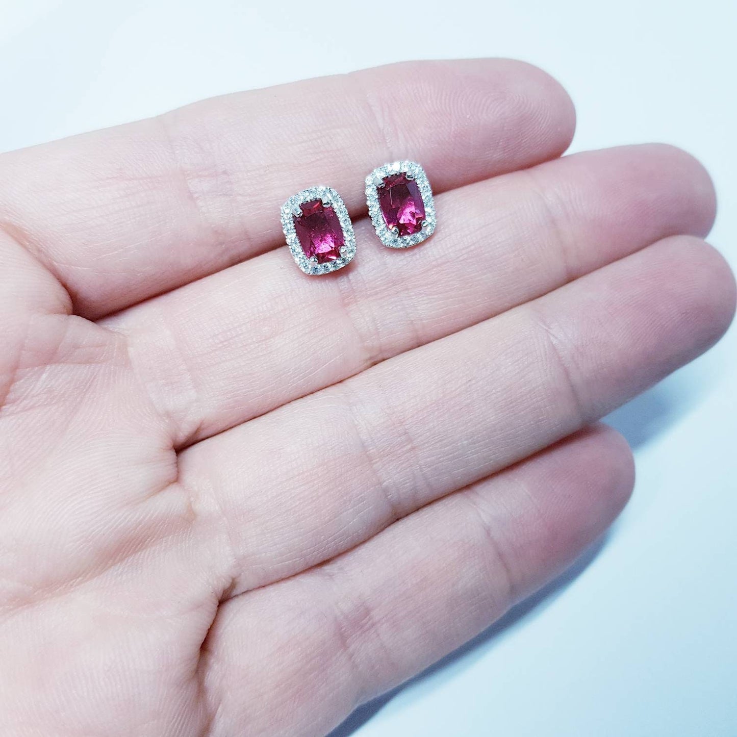 Red earrings, ruby stud earrings, July birthstone, vintage earrings, diamond halo earrings, earrings for women, classic stud earrings