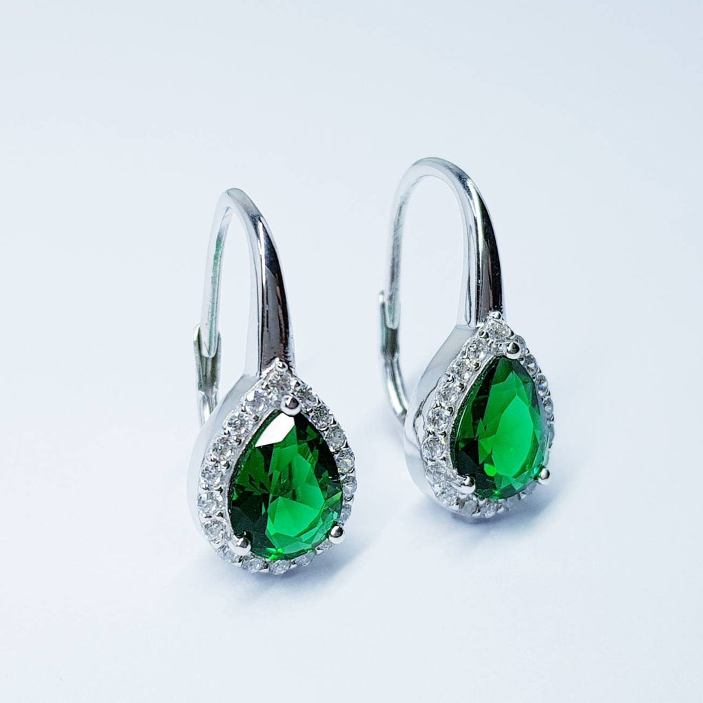 Emerald Green earrings, green drop earrings, vintage earrings, sterling silver teardrop earrings, lever back earrings
