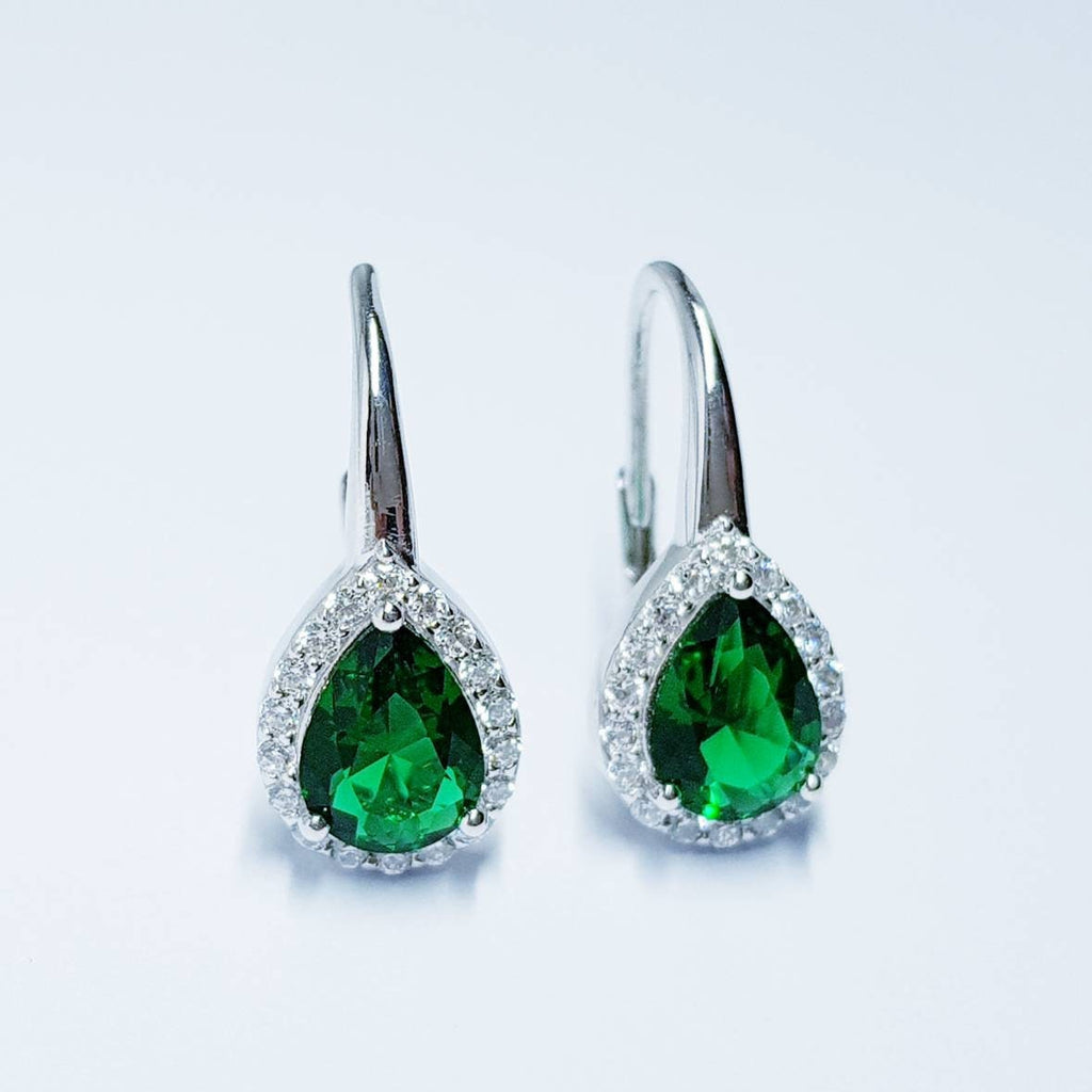 Emerald Green earrings, green drop earrings, vintage earrings, sterling silver teardrop earrings, lever back earrings
