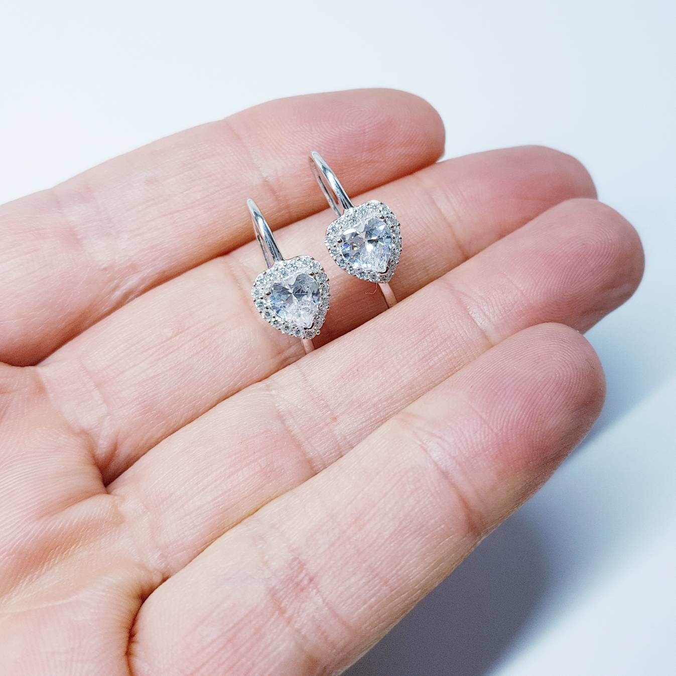 Sterling Silver heart earrings, lever back drop earrings, heart shaped earrings, diamond halo earrings, bridesmaid earrings