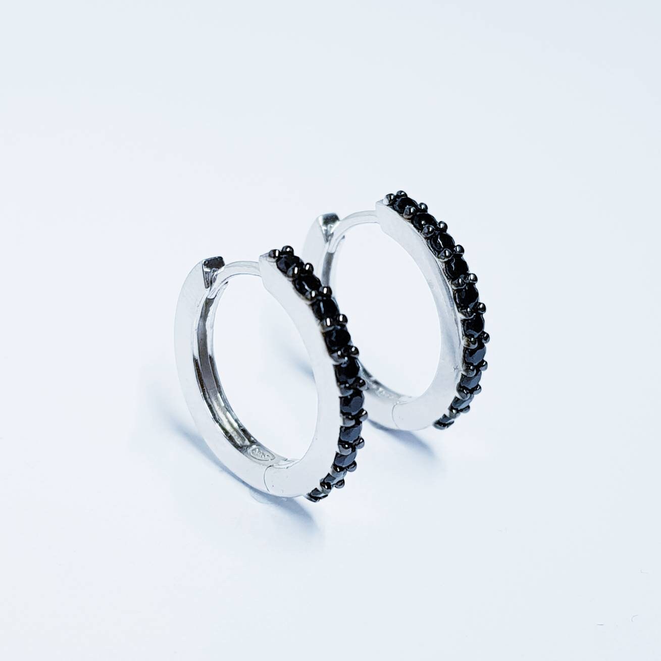 Black hoop earrings, small hoop earrings, silver hoop earrings, black diamond earrings, bridesmaid earrings