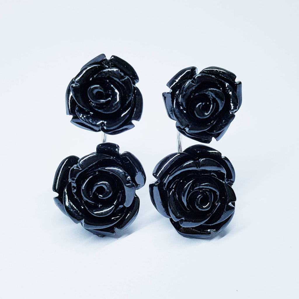 Black Rose earrings, floral earring jackets, black agate earrings, unique earrings, gothic earrings