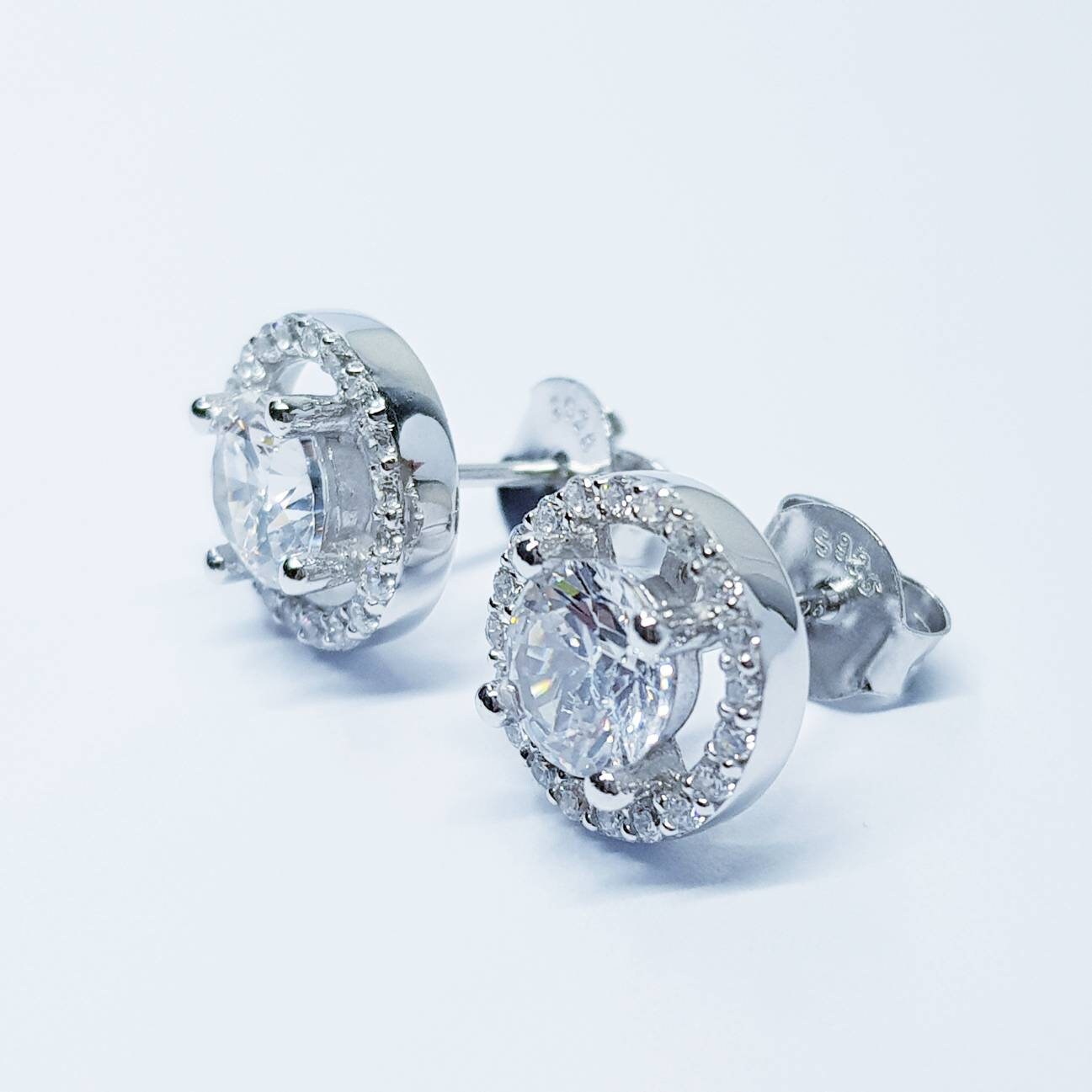 Elegant Halo Earrings, stud earrings, diamond simulant earrings, Sterling Silver earrings, Bridal Earrings, Bridesmaid Gift
