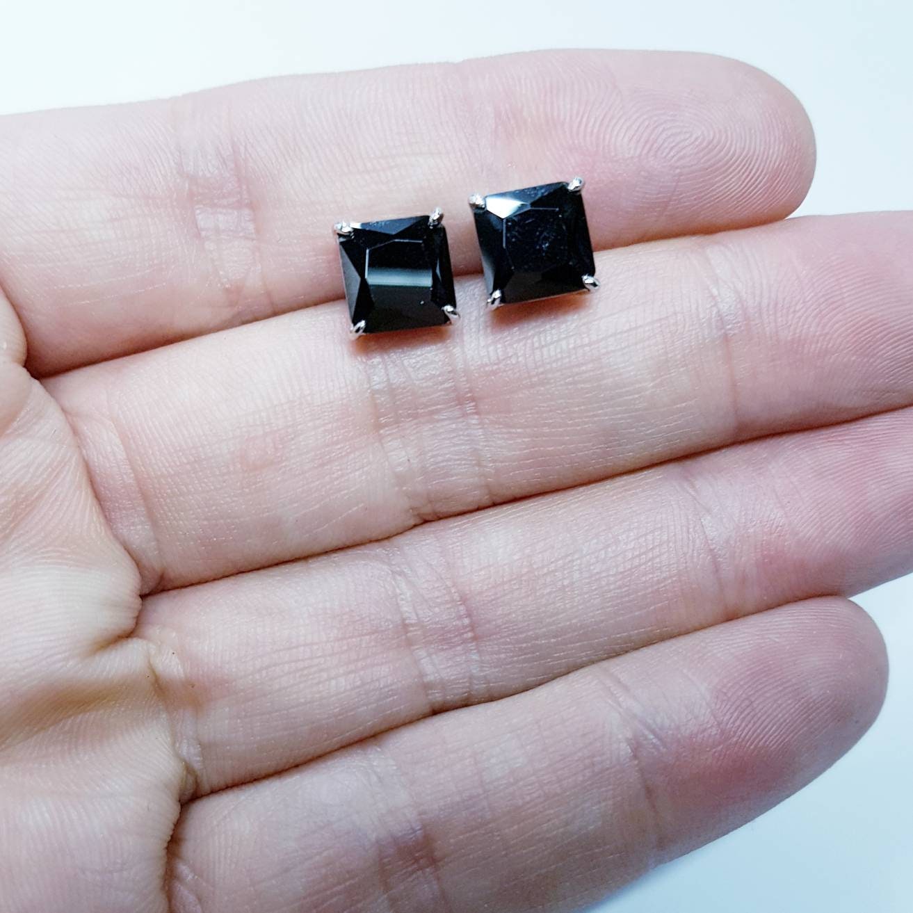 Black earrings, square black studs, silver stud earrings, black diamond earrings