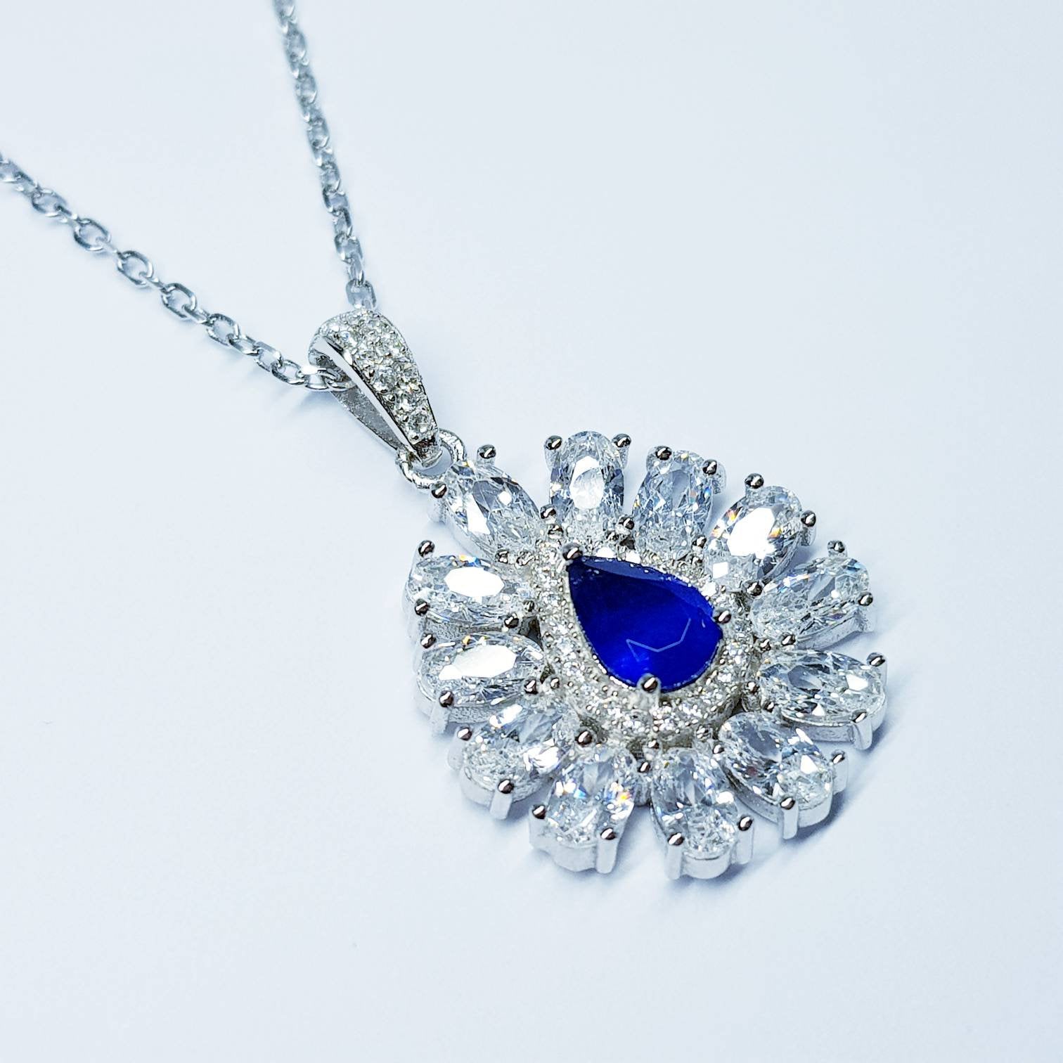 Sapphire blue necklace, Antique pendant, diamond simulant Jewelry, September bithstone, Vintage Jewelry