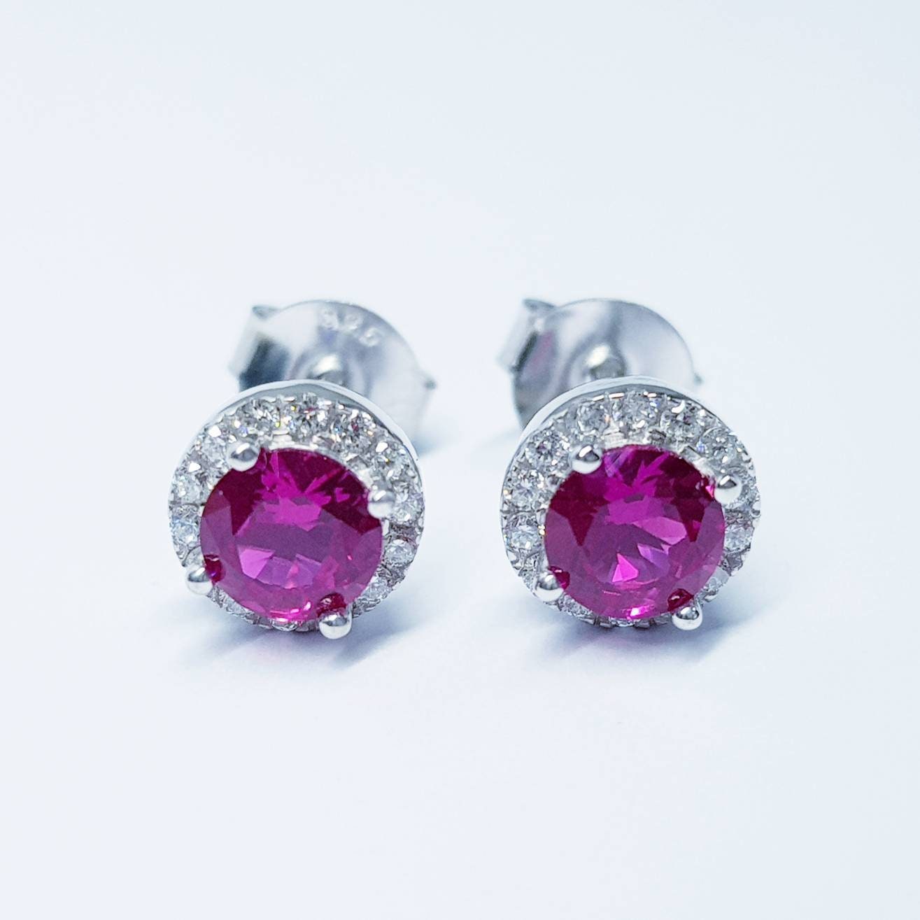 Red earrings, ruby stud earrings, gift for women, vintage earrings, diamond halo earrings, earrings for women, classic stud earrings