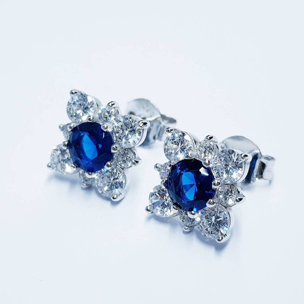 Sapphire blue earrings, sapphire stud earrings, september birthstone, vintage earrings, diamond halo earrings, square earrings