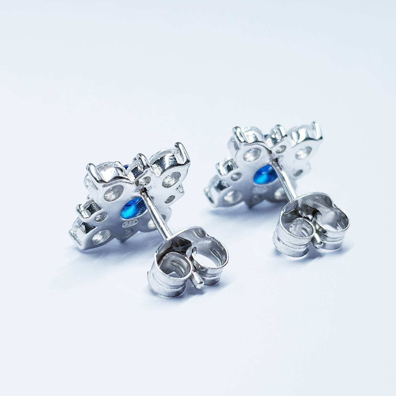 Sapphire blue earrings, sapphire stud earrings, september birthstone, vintage earrings, diamond halo earrings, square earrings
