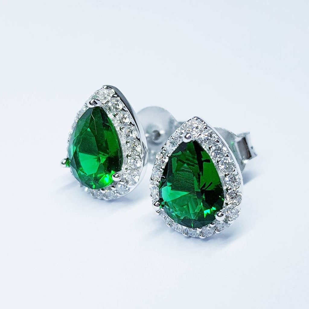 Emerald stud earrings, green earrings, green studs, diamond halo earrings, gifts for her, Green teardrop earrings