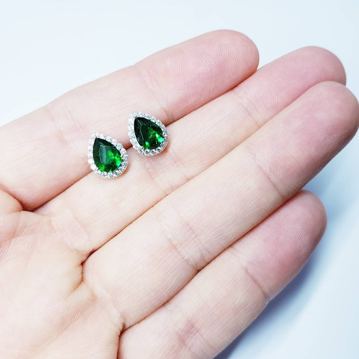 Emerald stud earrings, green earrings, green studs, diamond halo earrings, gifts for her, Green teardrop earrings