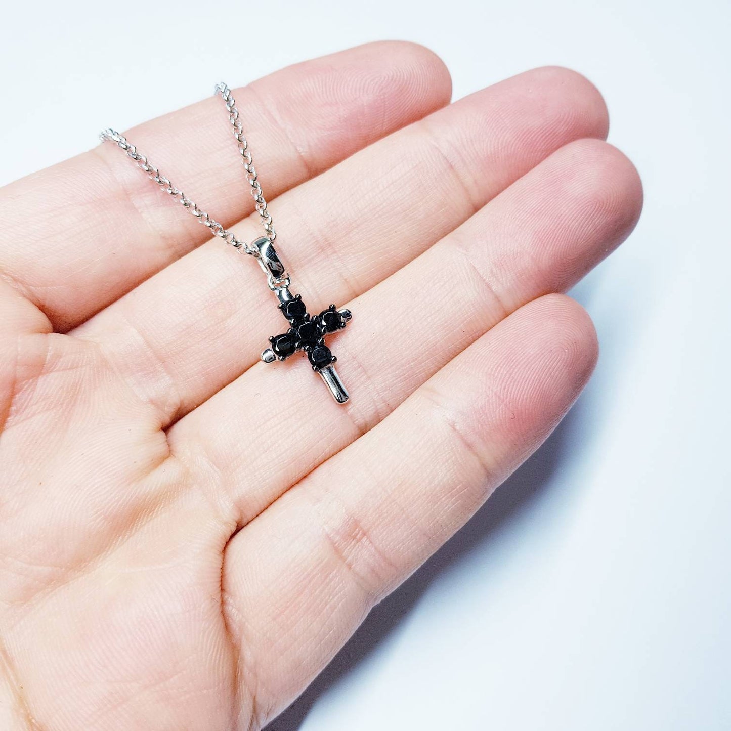 Sterling Silver Cross, small cross, delicate Cross, Black Diamond Cross, Vintage Jewelry