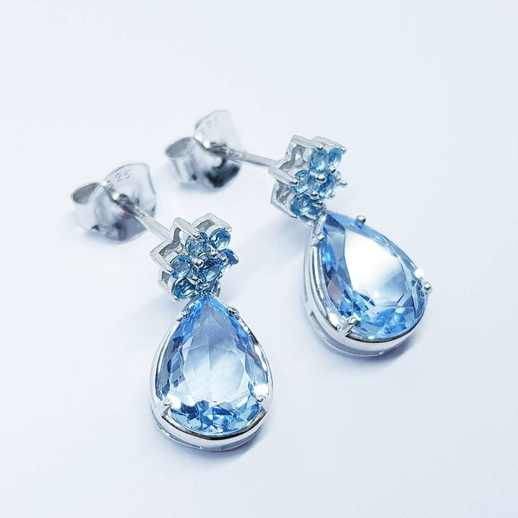 Light blue aquamarine drop earrings, teardrop shape blue studs, march birthstone silver earrings
