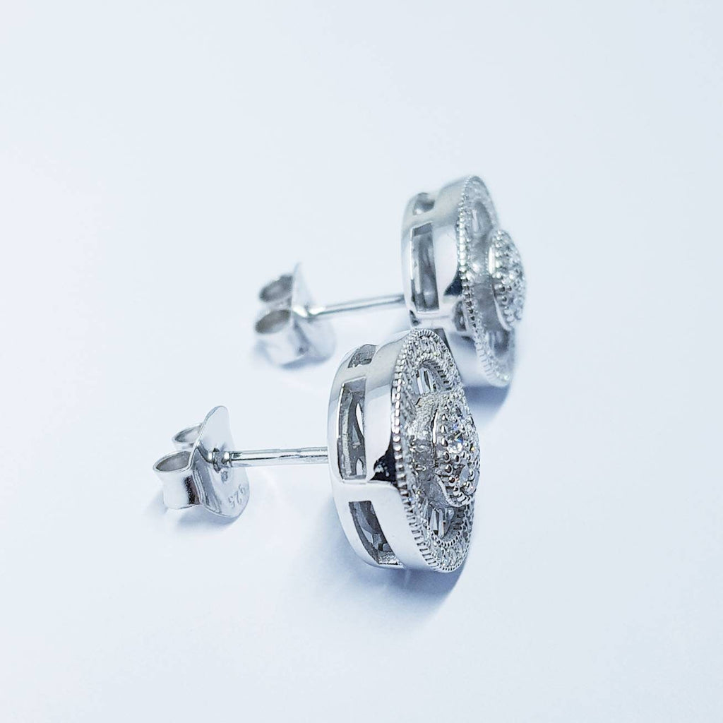 Large stud Earrings, round halo earrings, diamond simulant earrings, Sterling Silver earrings, evening jewelry