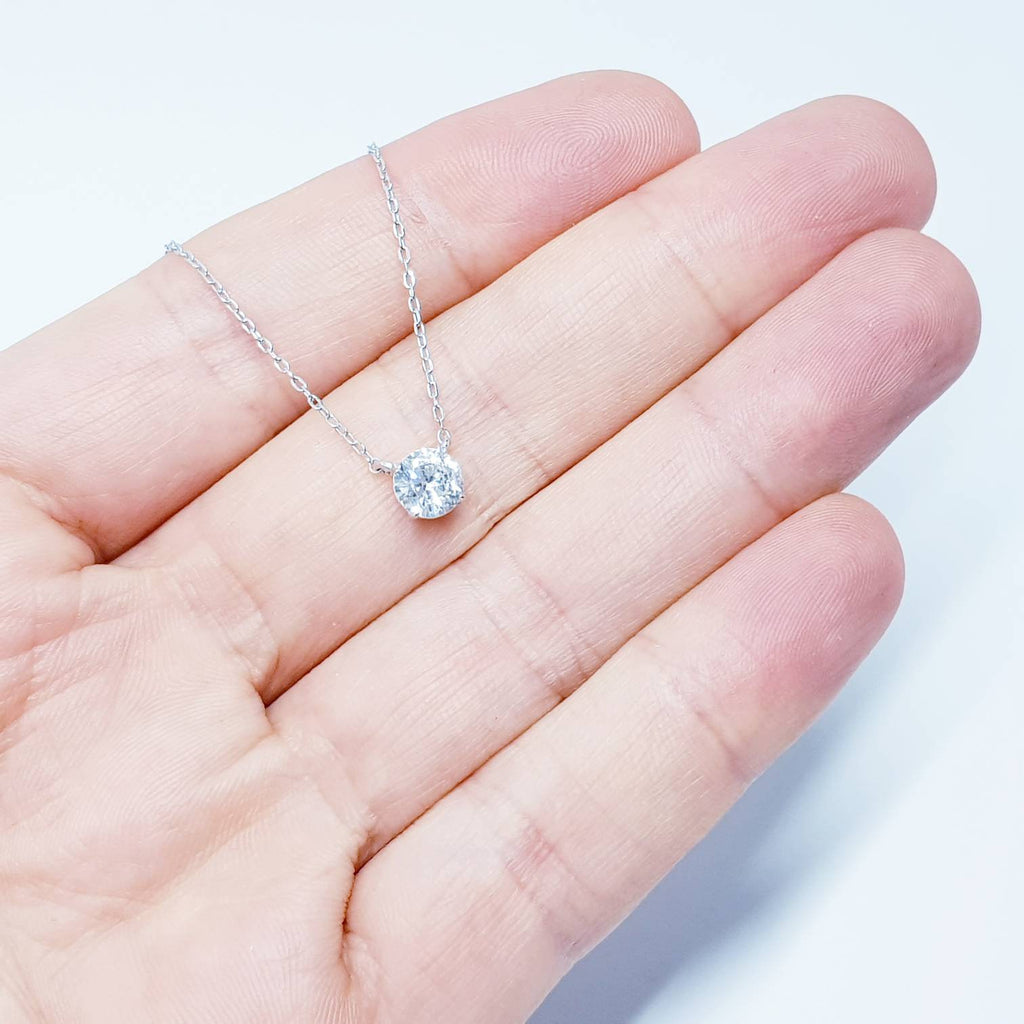 Sterling silver single stone pendant, Classic faux diamond necklace, floating diamond necklace