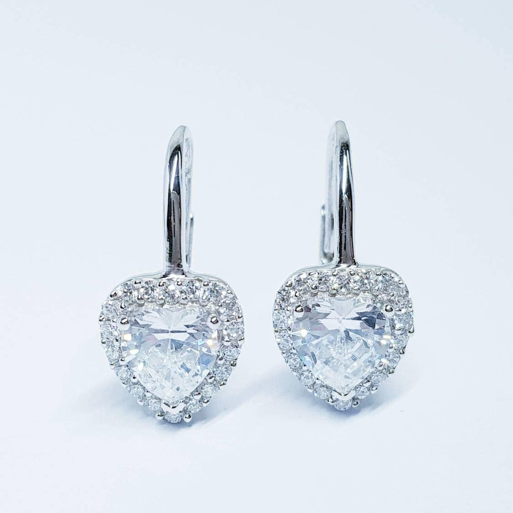 Sterling Silver heart earrings, lever back drop earrings, heart shaped earrings, diamond halo earrings, bridesmaid earrings