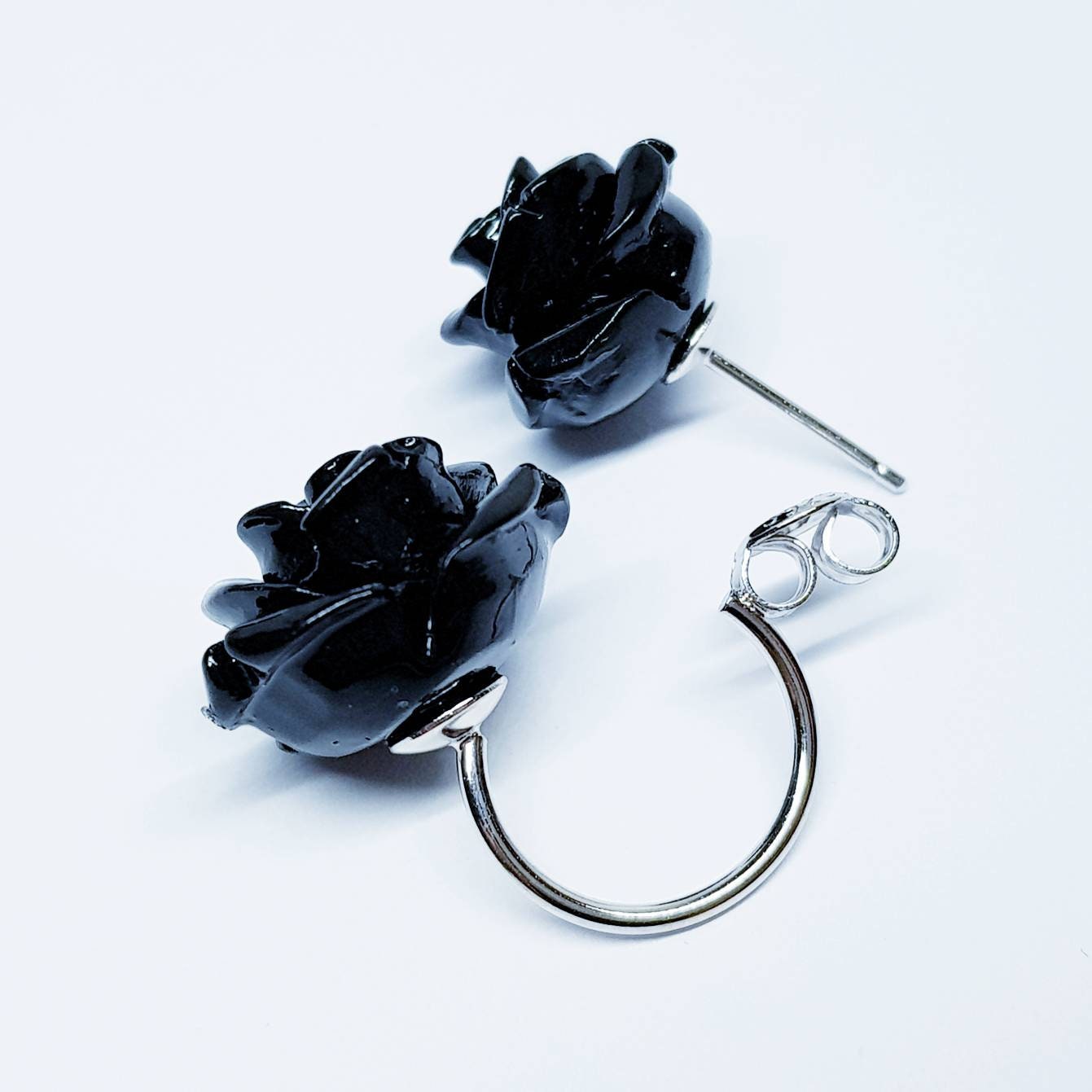 Black Rose earrings, floral earring jackets, black agate earrings, unique earrings, gothic earrings