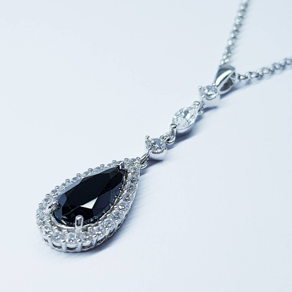 Black teardrop necklace with round and marquis cz&#39;s in a vintage setting