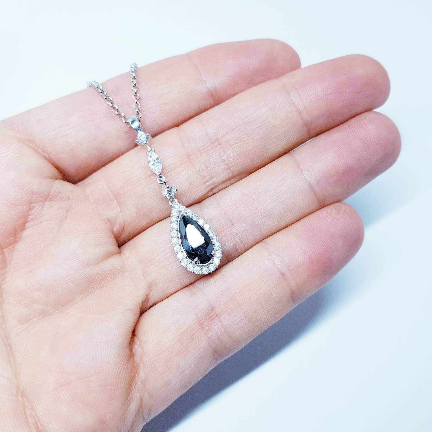 Black teardrop necklace with round and marquis cz&#39;s in a vintage setting