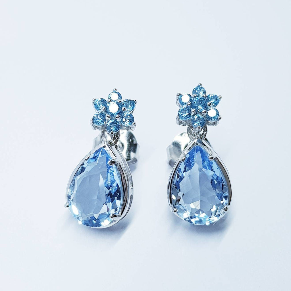Light blue aquamarine drop earrings, teardrop shape blue studs, march birthstone silver earrings