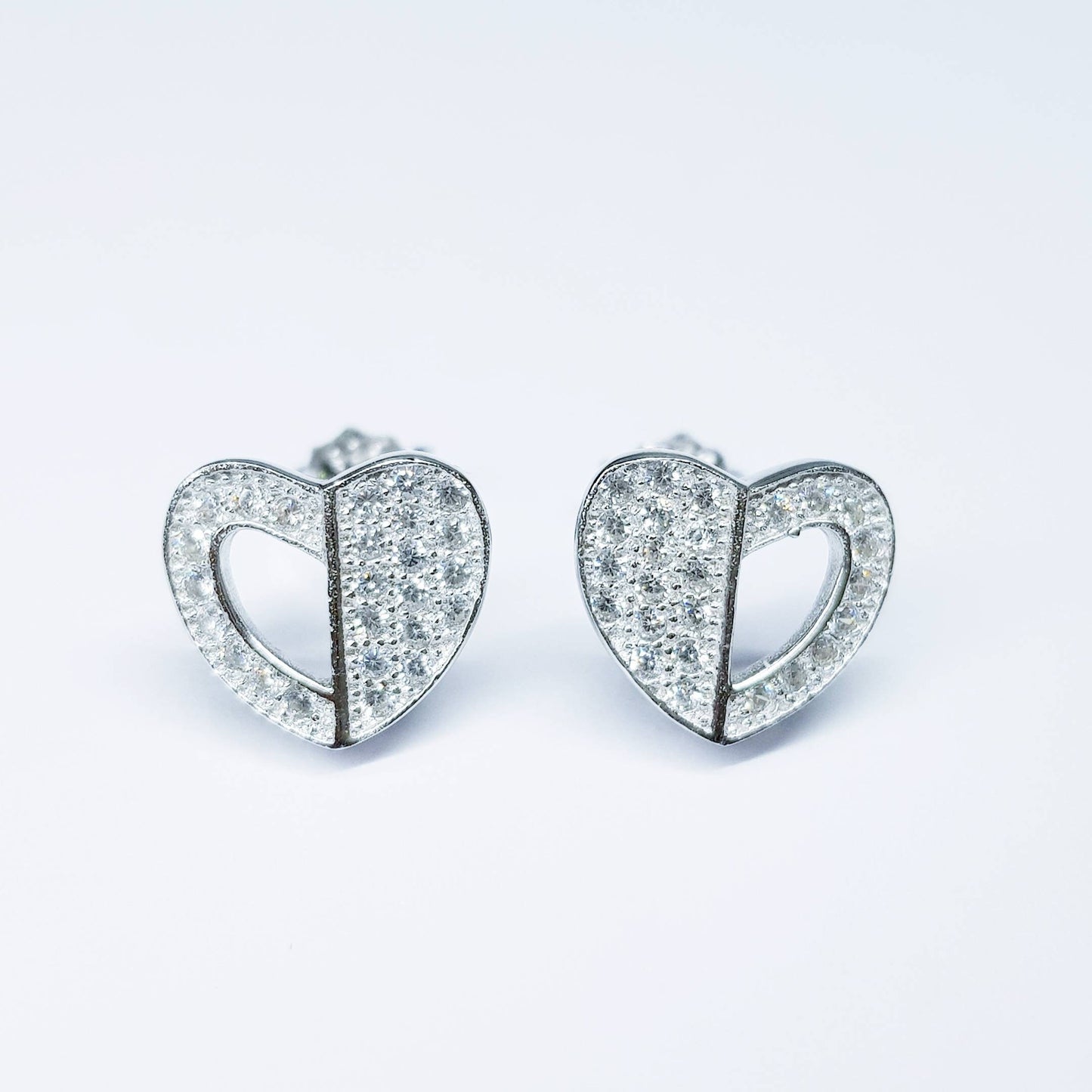 Cute Sterling silver heart shaped stud earrings, second hole heart stud earrings with cz