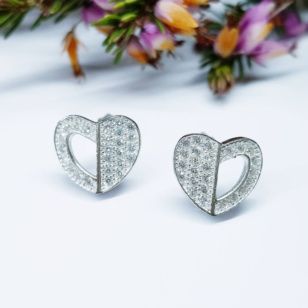 Cute Sterling silver heart shaped stud earrings, second hole heart stud earrings with cz