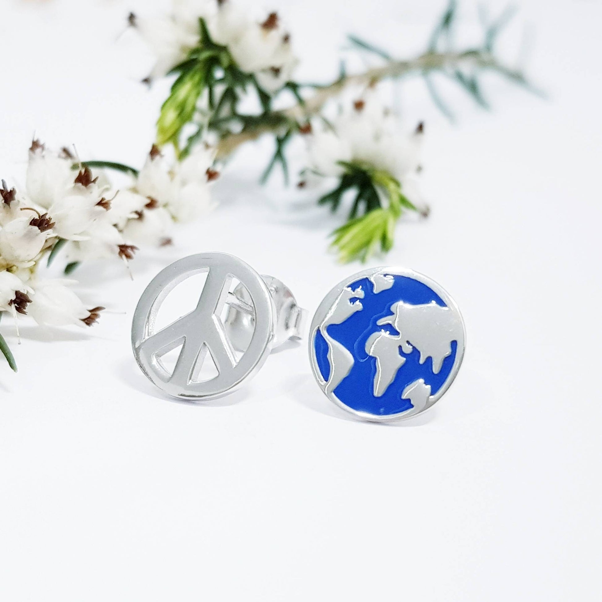 World peace sterling silver stud earrings, wanderlust earrings, globe studs, peace earrings