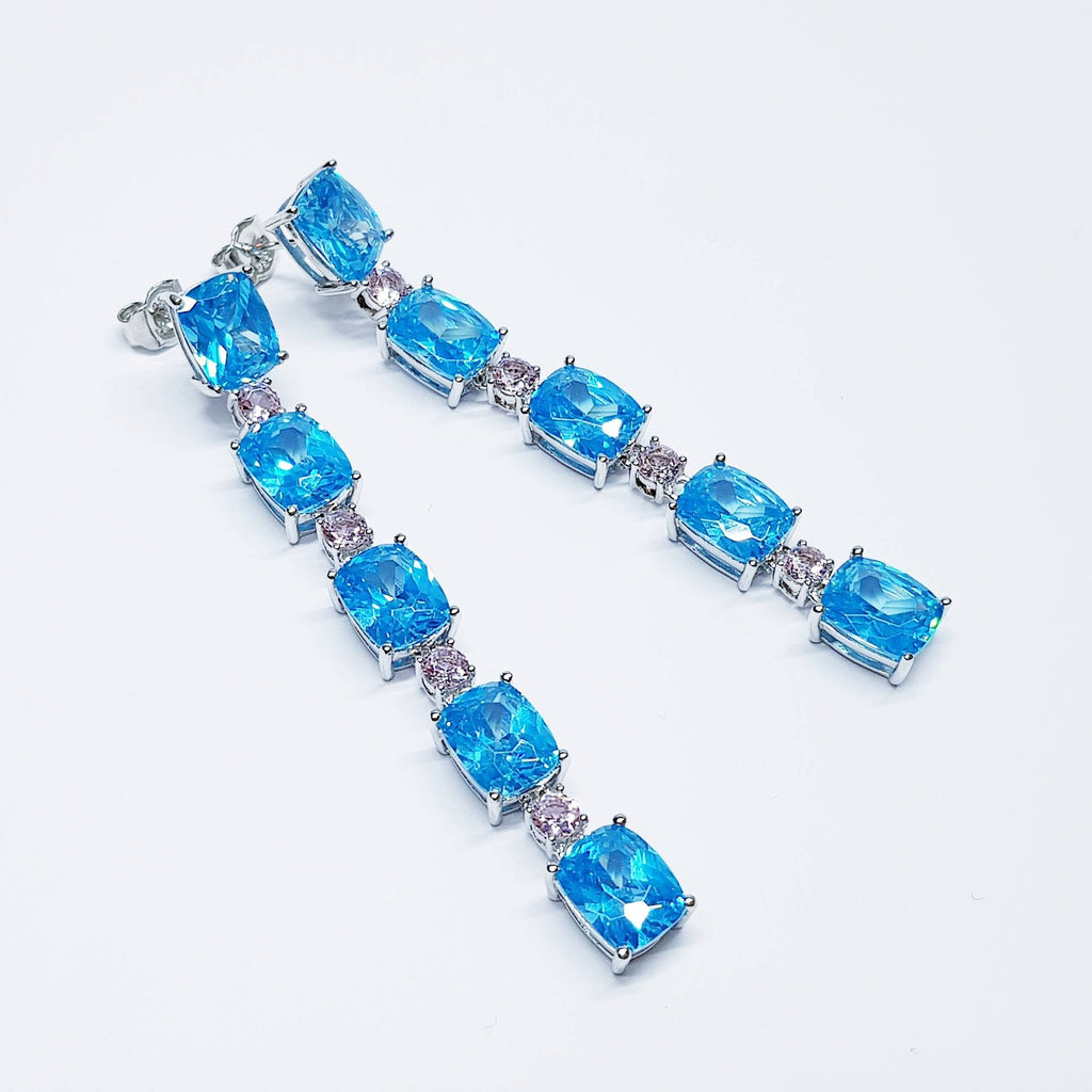 Stunning long, electric blue and pink and drop earrings