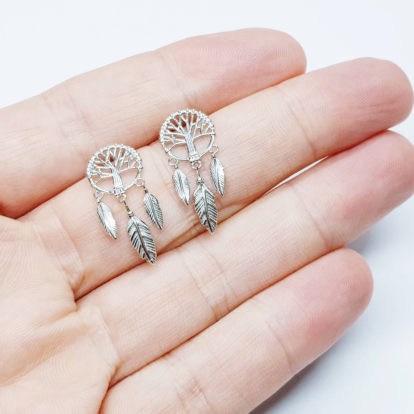 Sterling Silver drop earrings with tree of life and feathers