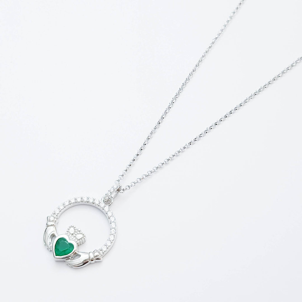 Sterling silver emerald green may birthstone claddagh necklace