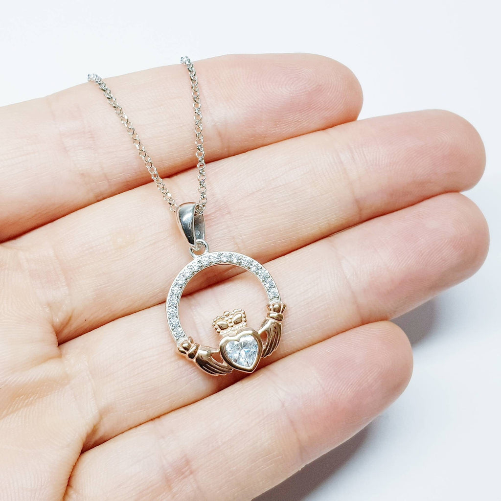 Sterling silver april birthstone claddagh necklace with rose gold