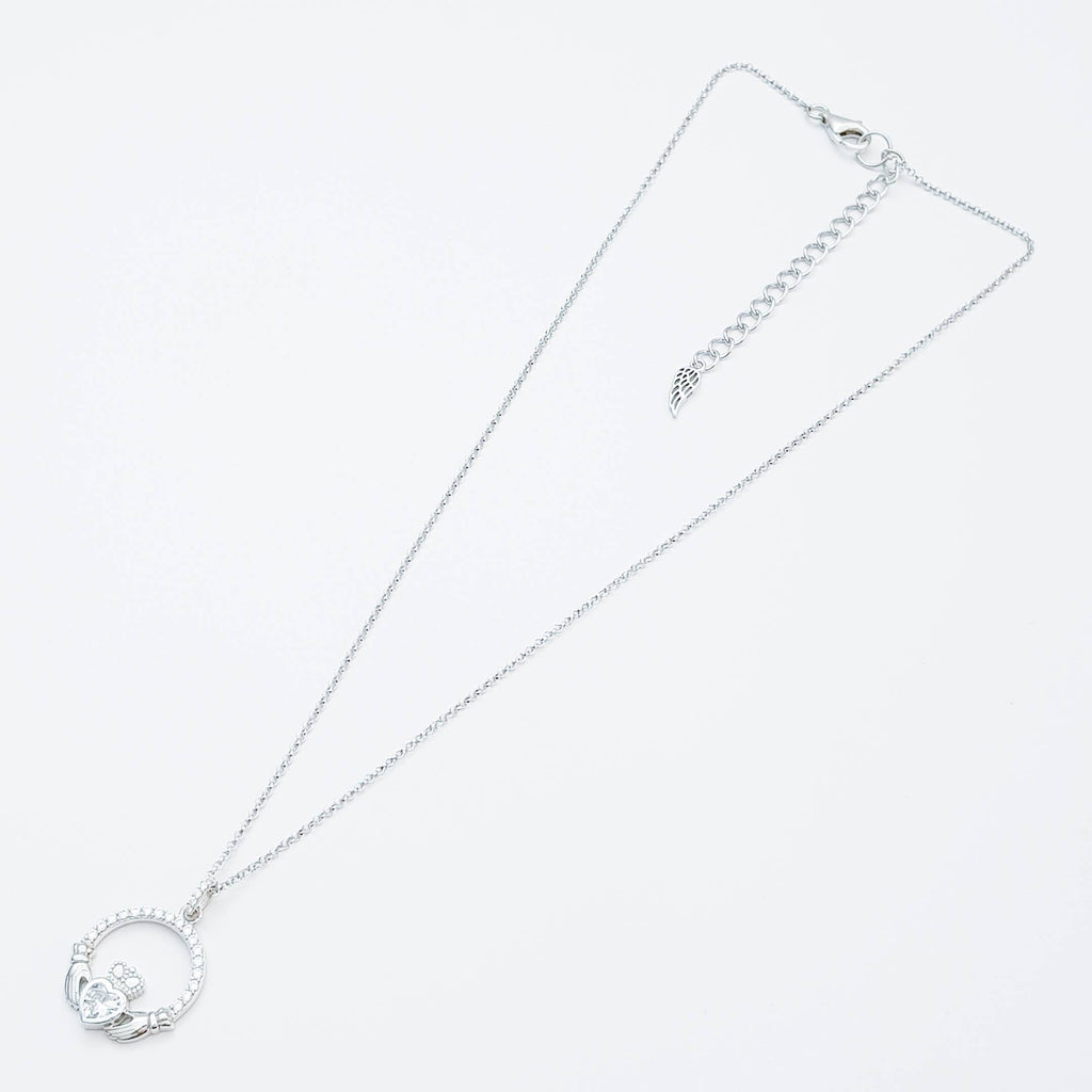 Silver Claddagh pendant, diamond white april birthstone claddagh necklace, Silver Claddagh pendant