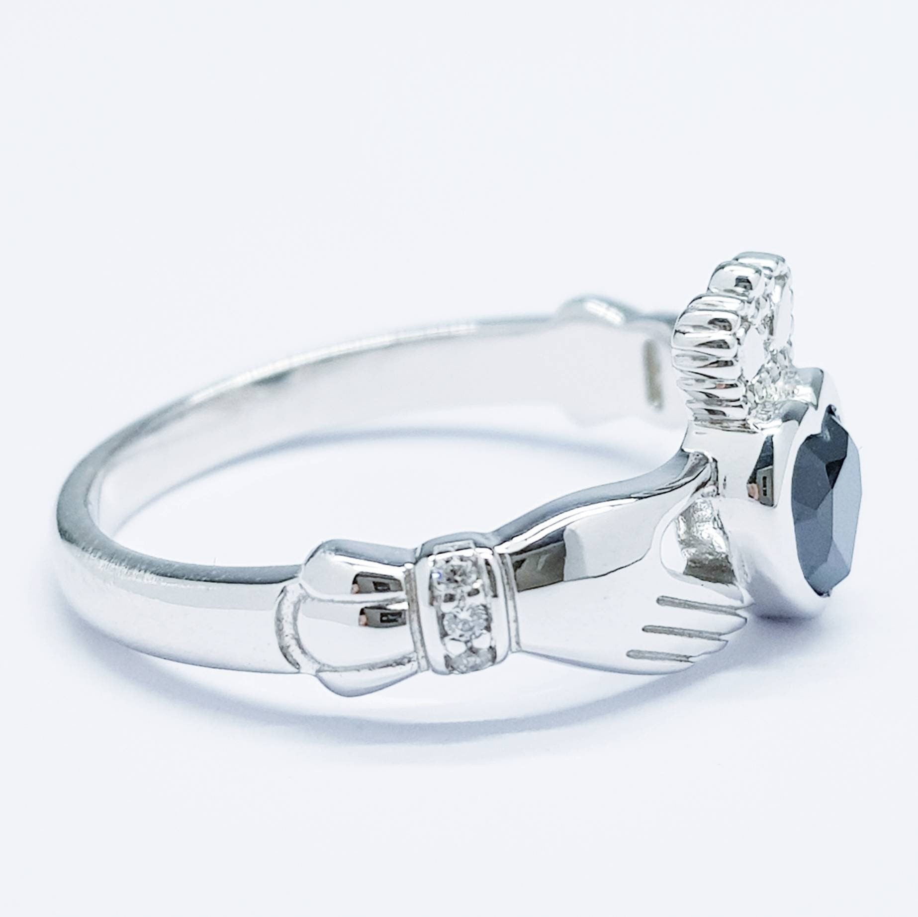 Irish Claddagh ring set with black stone, silver claddagh rings