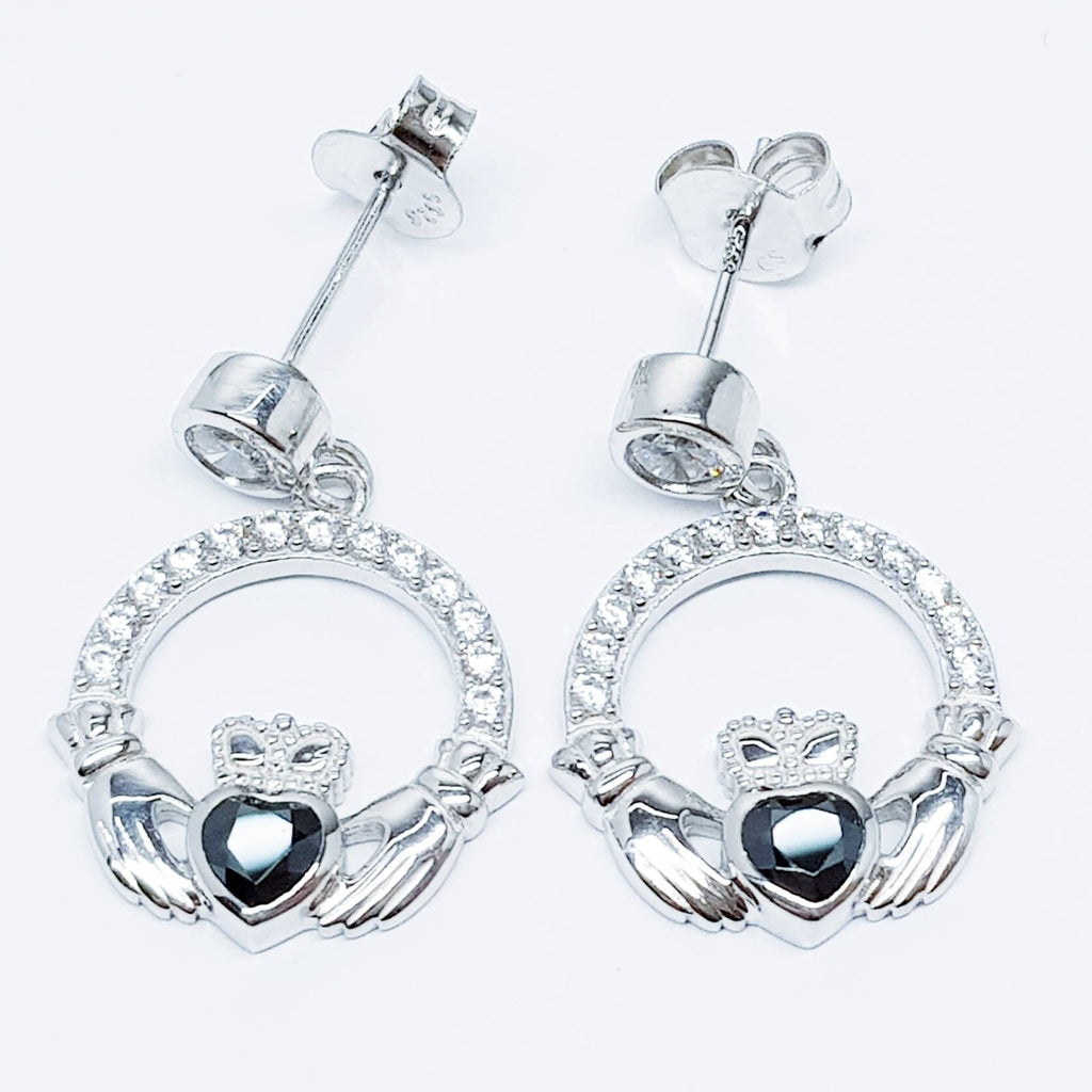 Silver claddagh drop earrings with black stone heart