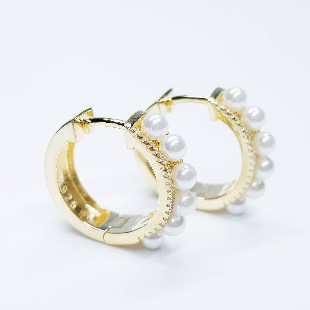 Vintage gold plated sterling silver hoop earrings with shell pearls, pearl hoops, vintage style hoop earring