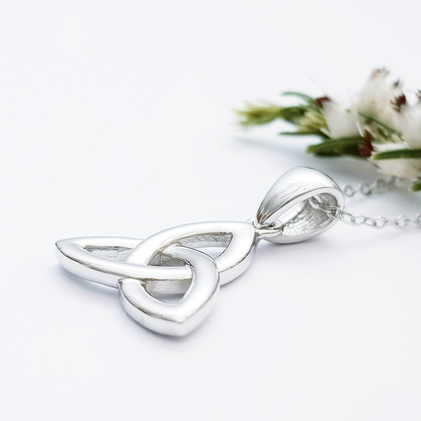 Classic Trinity knot celtic pendant, sterling silver celtic necklace made in Ireland, angel wing chain, triquetra necklace