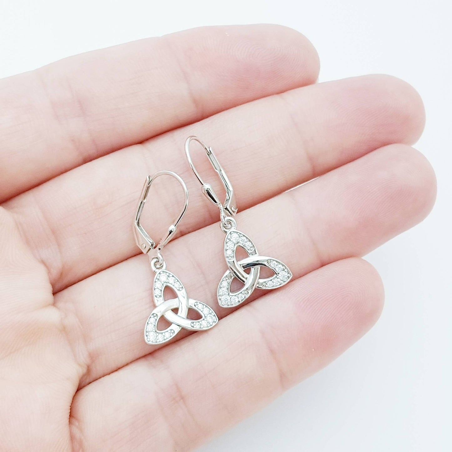 Silver drop Celtic knot Earrings, Celtic lever back, trinity knot earrings