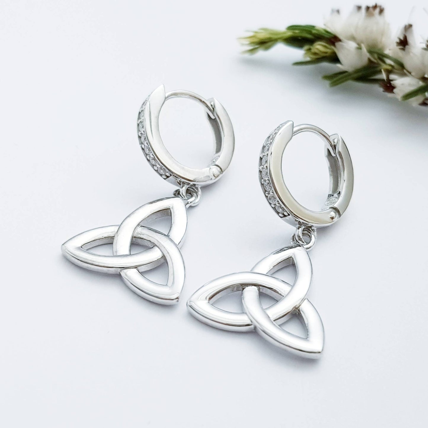 Celtic huggie Earrings, trinity knot drop earrings, silver Celtic jewelry, triquetra earrings, celtic dangle earrings