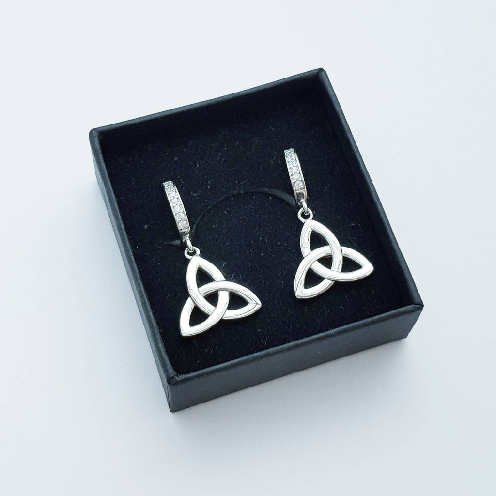Celtic huggie Earrings, trinity knot drop earrings, silver Celtic jewelry, triquetra earrings, celtic dangle earrings
