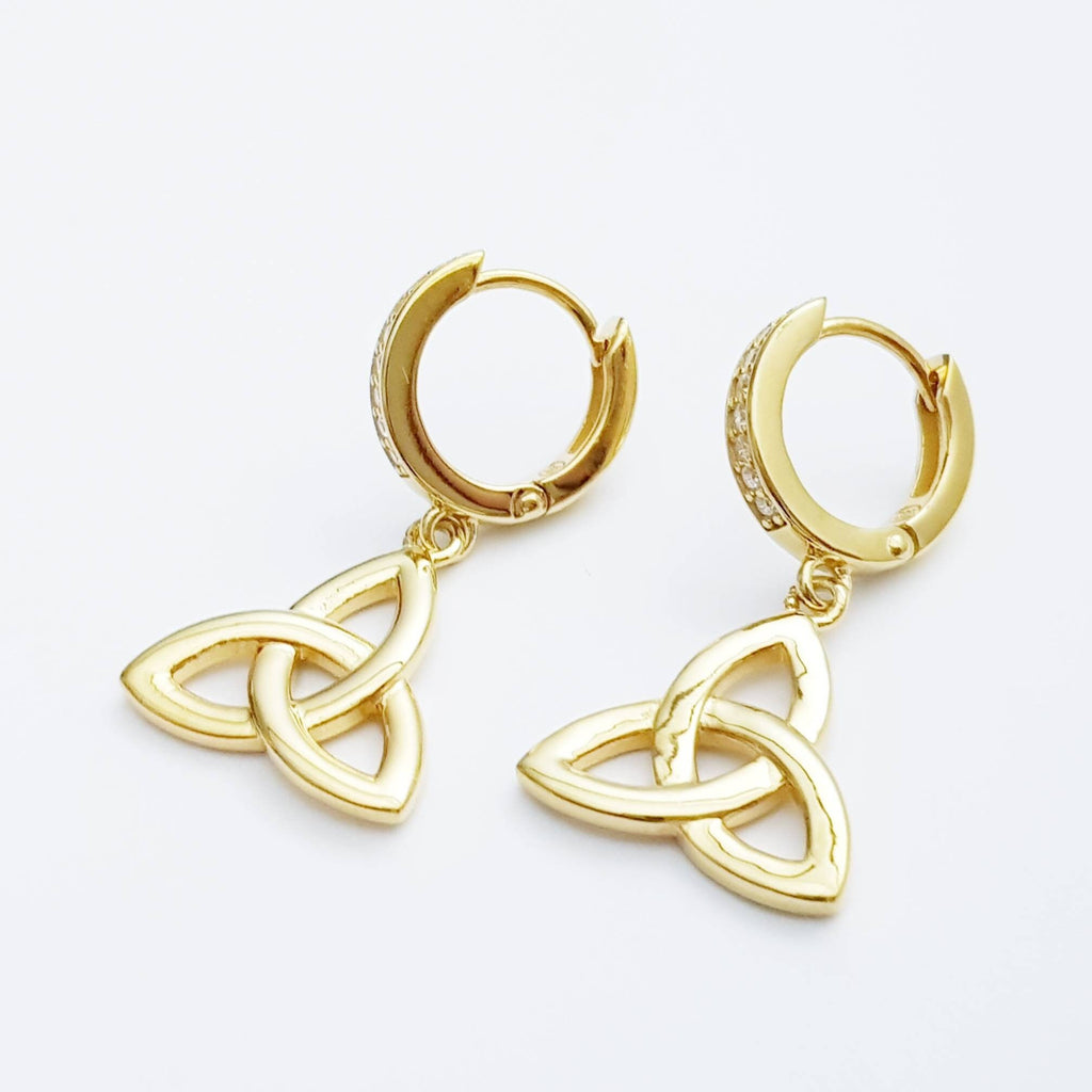 Celtic huggie Earrings, trinity knot hoop earrings, gold Celtic jewelry, celtic drop earrings
