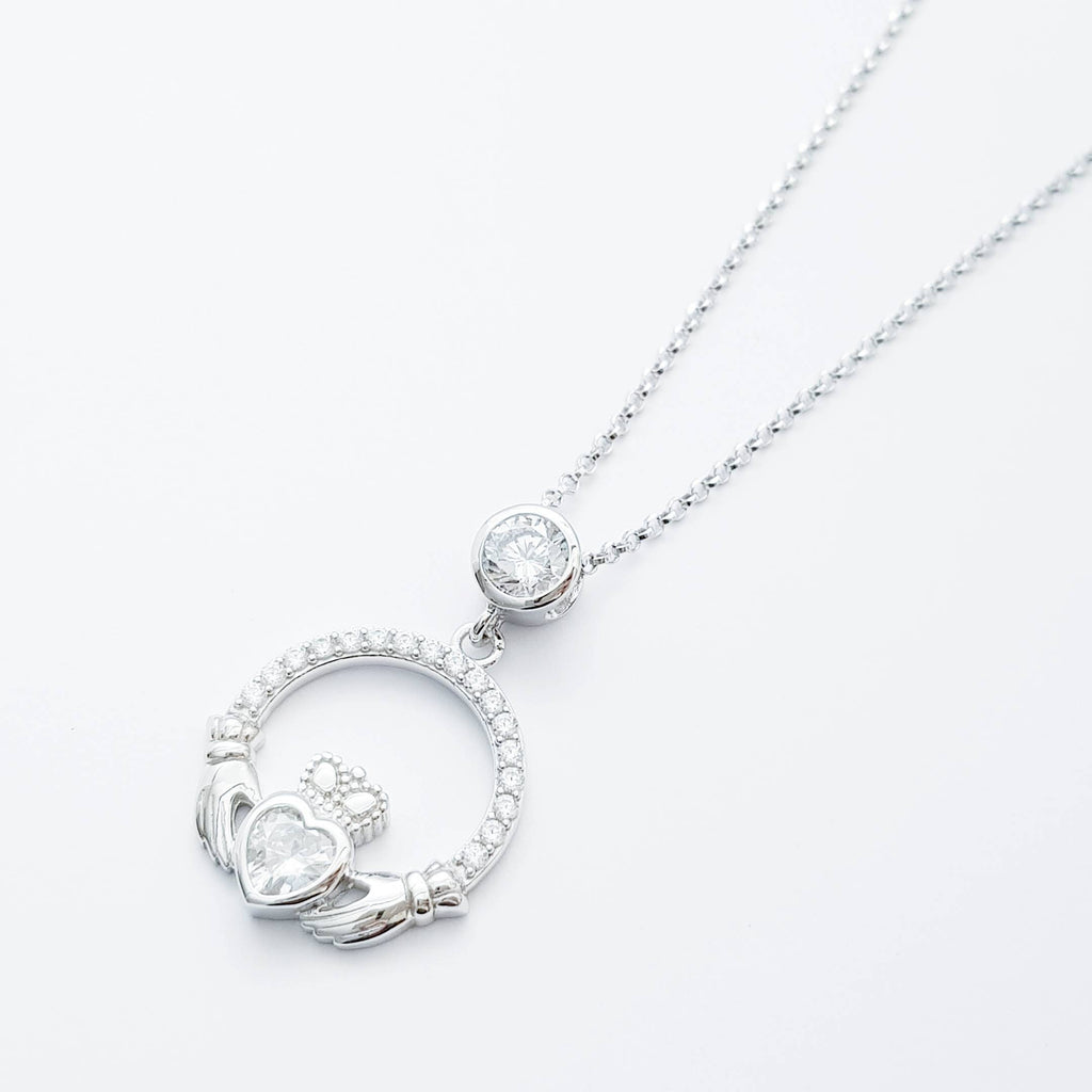 Silver Claddagh pendant, diamond white april birthstone claddagh necklace, claddagh celtic pendant