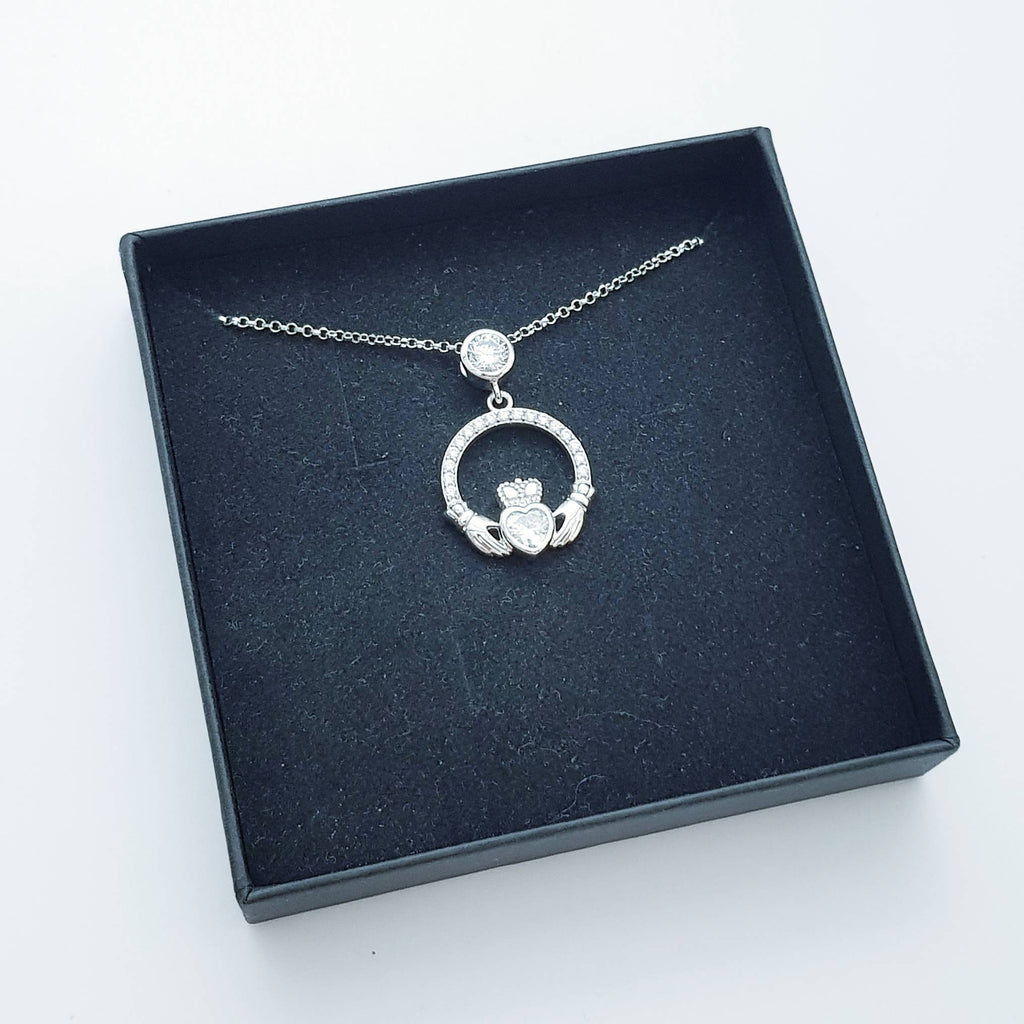 Silver Claddagh pendant, diamond white april birthstone claddagh necklace, claddagh celtic pendant
