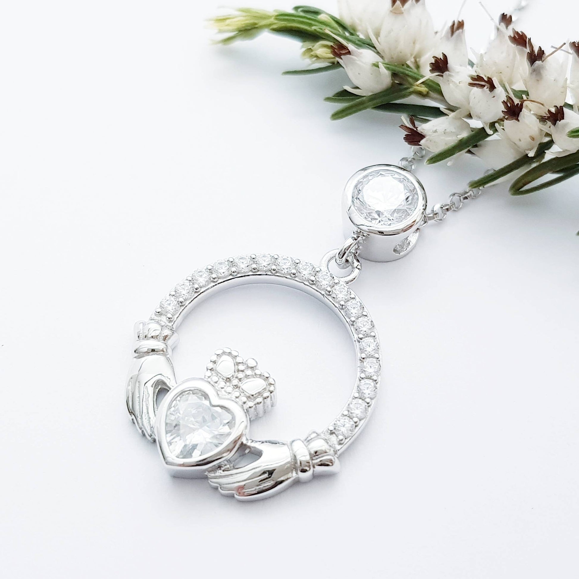 Silver Claddagh pendant, diamond white april birthstone claddagh necklace, claddagh celtic pendant